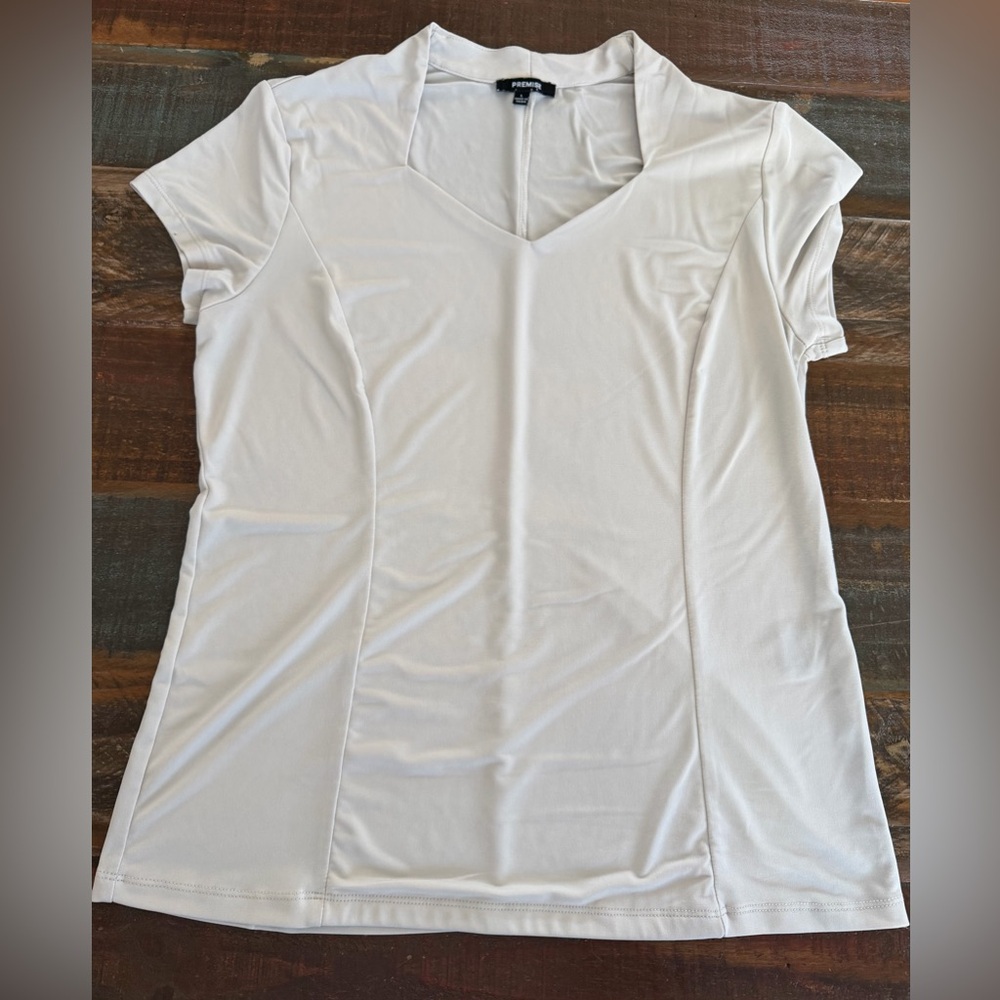 Premise Women’s L Short Sleeve Light Taupe V-Neck Top | SKU 0194